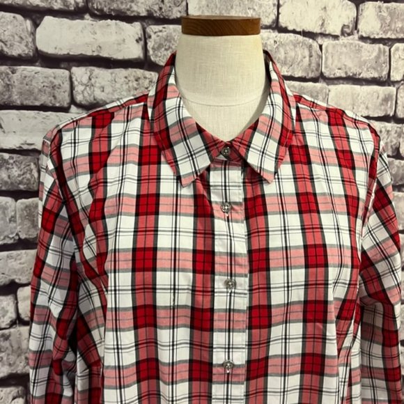 Talbots Red, White & Black Plaid Long Sleeve Button Down Blouse Size 22W - Picture 2 of 9